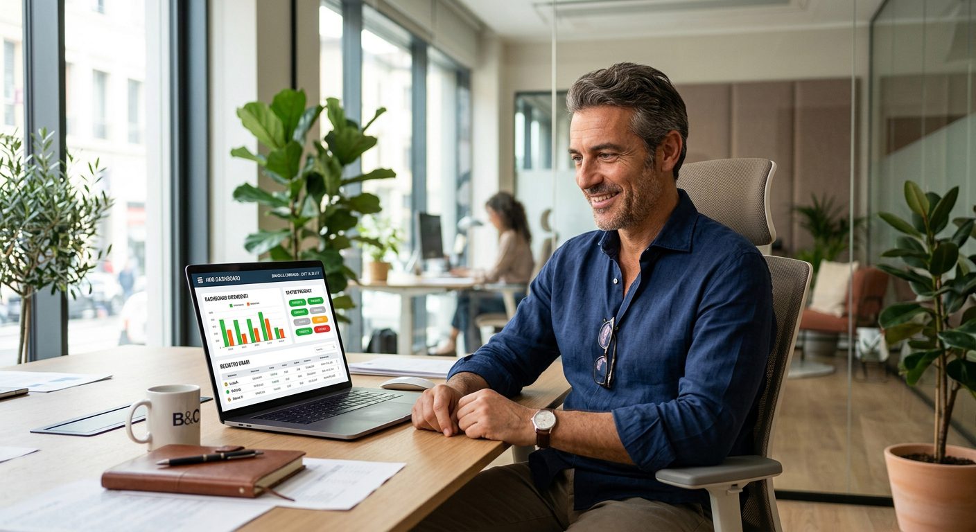 Titolare PMI italiana che gestisce presenze dipendenti dal pannello admin NoBadge